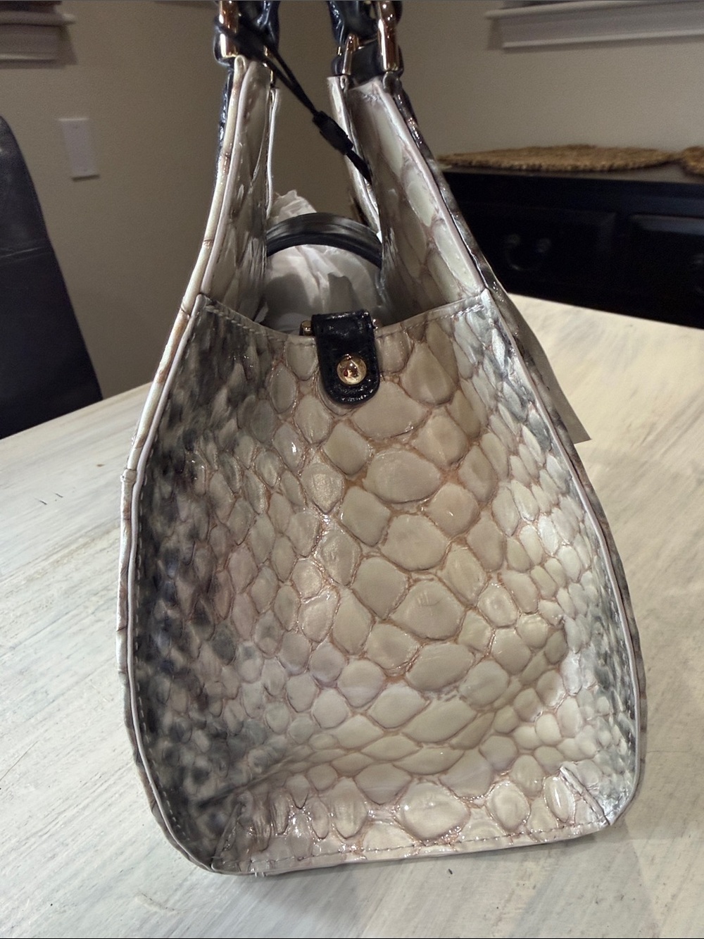 Brahmin Adrian Black Rockway Ivory and Black Embossed Python-Print Satchel - Picture 6 of 14